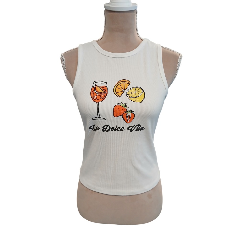 Better Together Med La Dolce Vita Graphic Ribbed Tank Top White Cropped Fruit